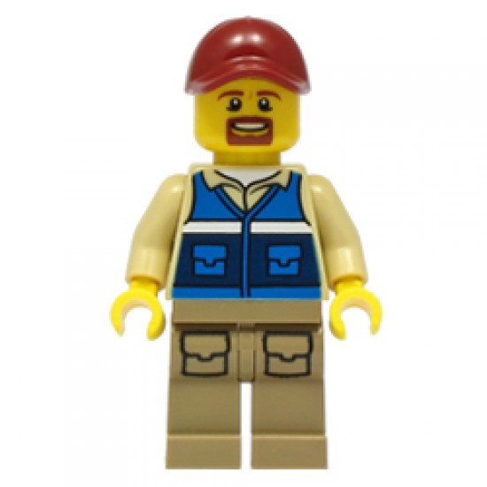 Male Wildlife Rescue Worker with Dark Red Cap and Blue Vest Minifigure